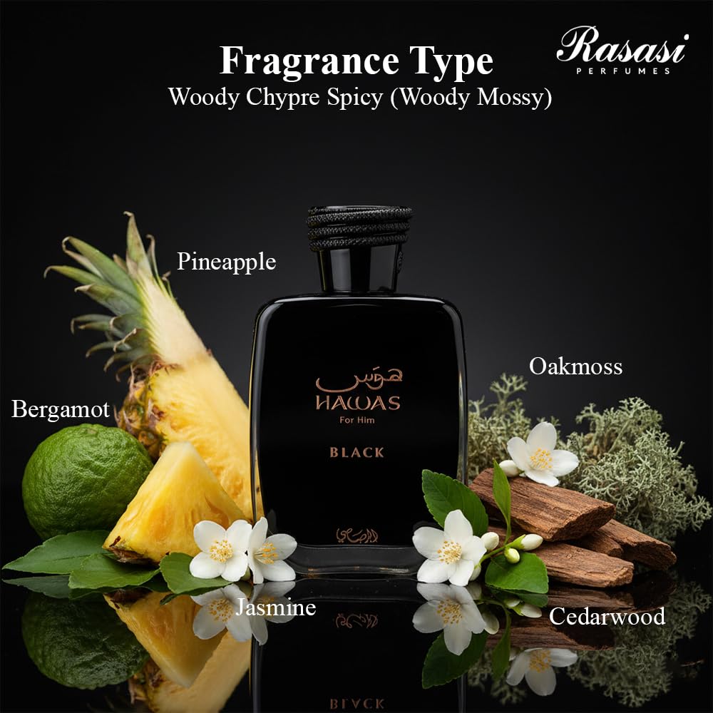 Rasasi Hawas Black 3.4FL OZ Eau de Parfum for Men.